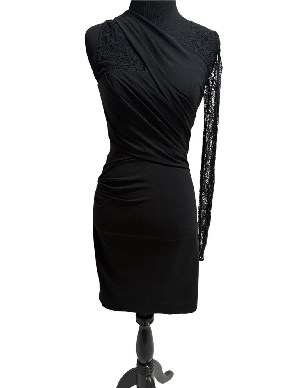 Helmut Lang Black Lace Asymmetric One Sleeve Ruched Cocktail Dress Size 0